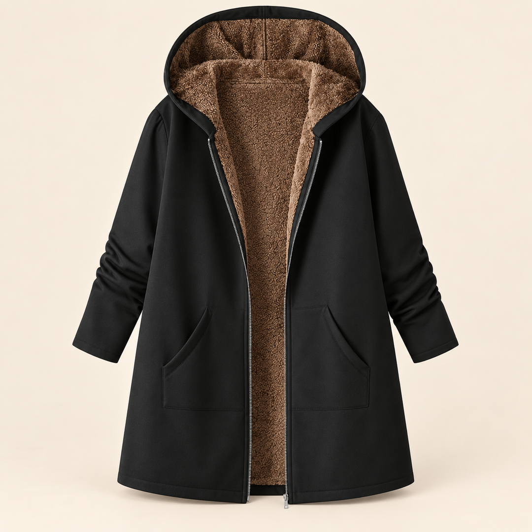 Wilhelmina black hooded coat with cozy lining, front view open