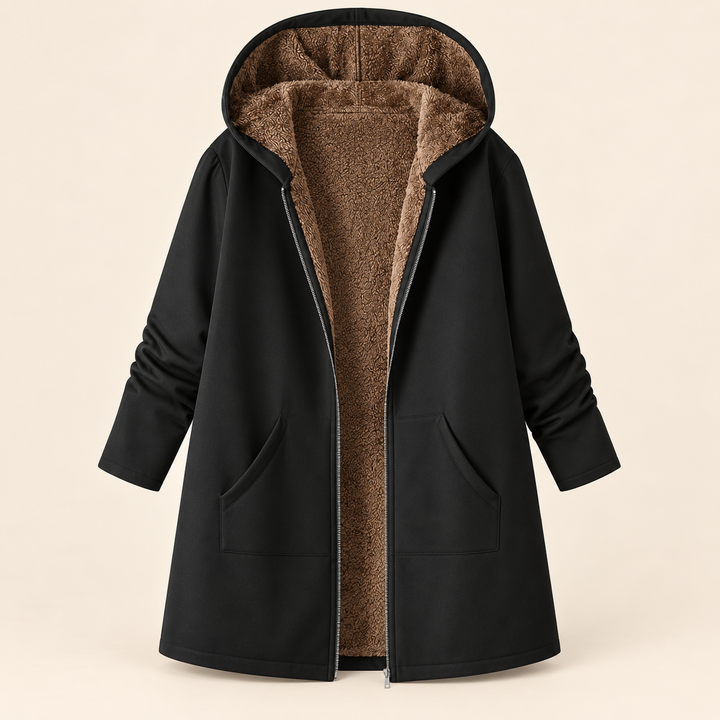 Wilhelmina black hooded coat with cozy lining, front view open