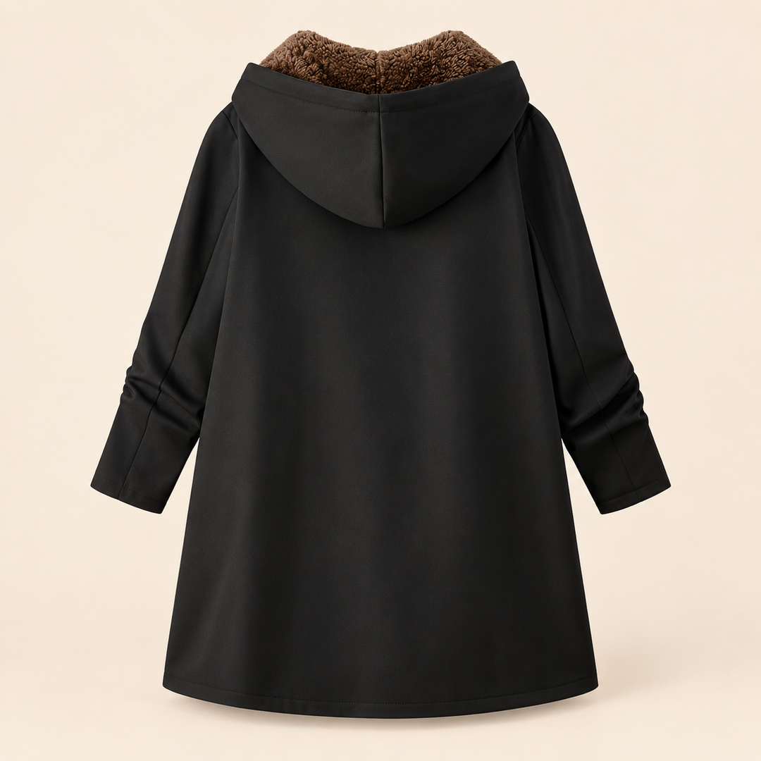 Wilhelmina black hooded coat with cozy lining, front view open