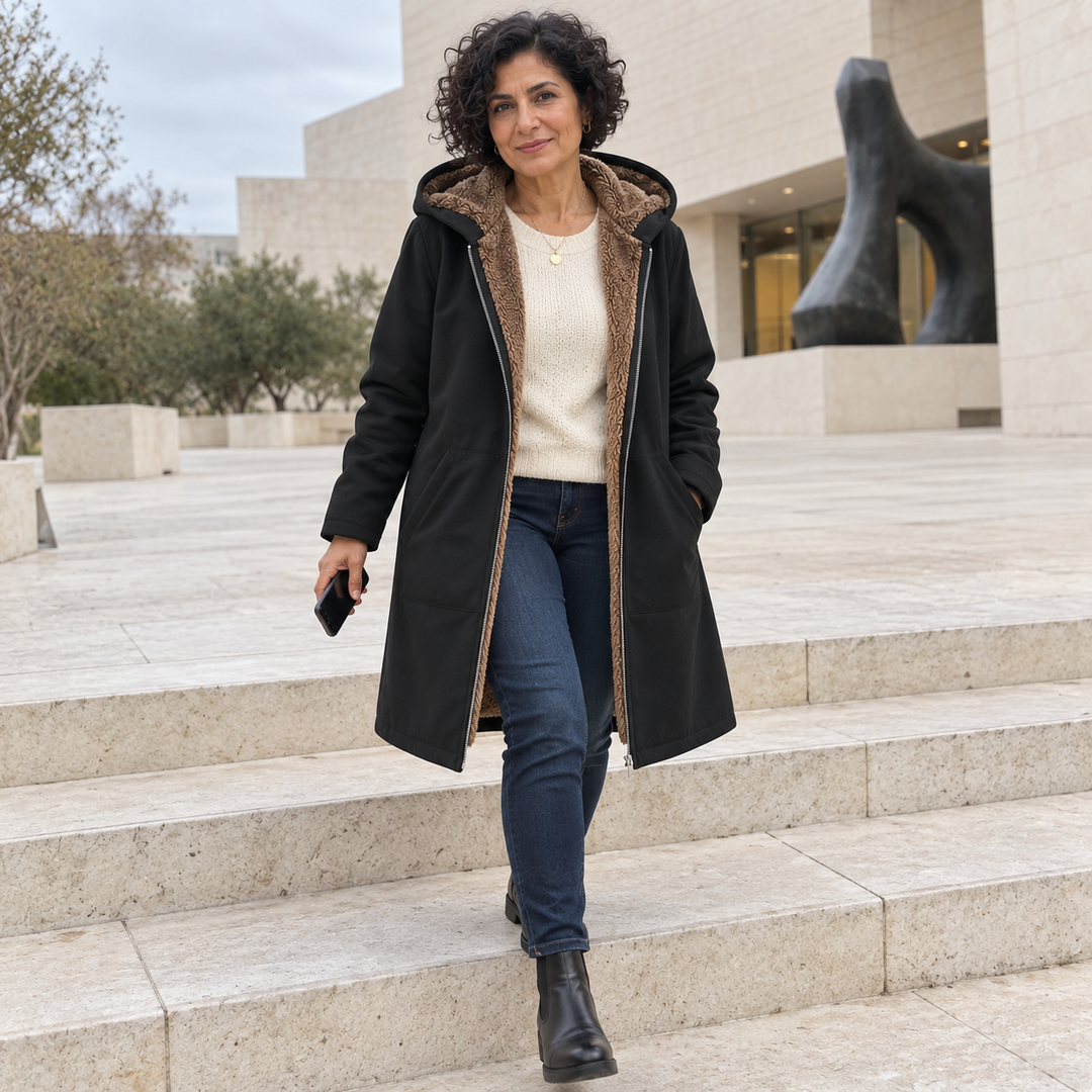 Wilhelmina black hooded coat with cozy lining, front view open