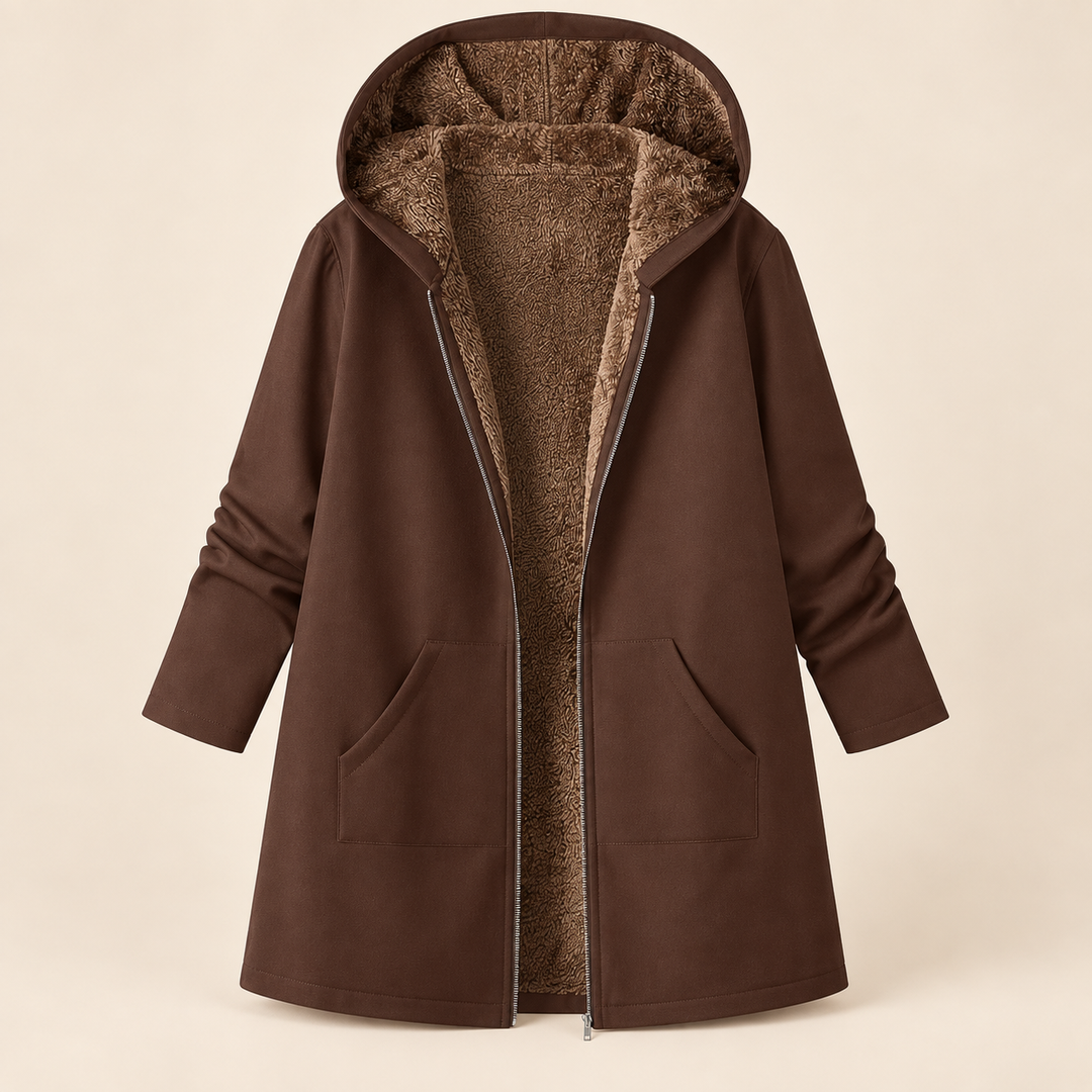 Wilhelmina black hooded coat with cozy lining, front view open