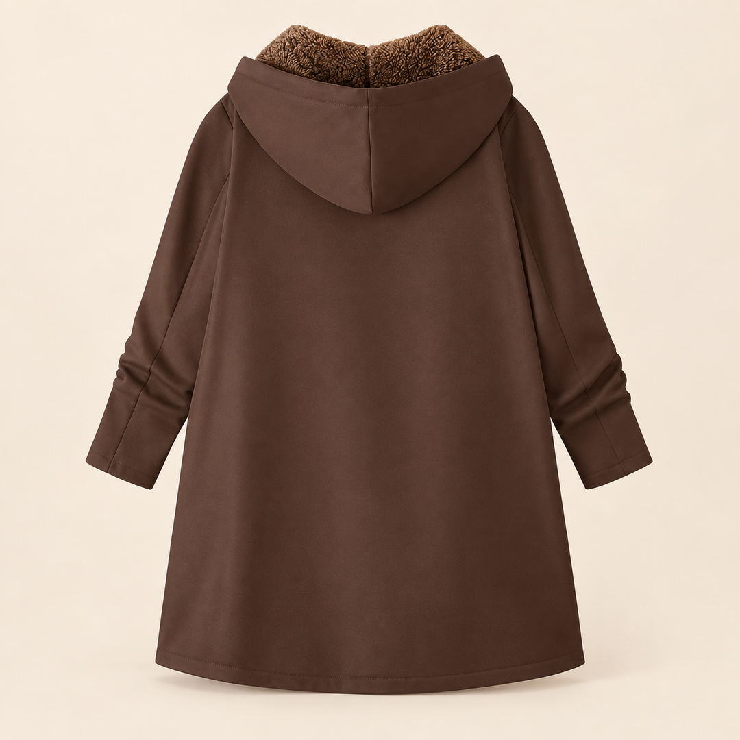 Wilhelmina black hooded coat with cozy lining, front view open