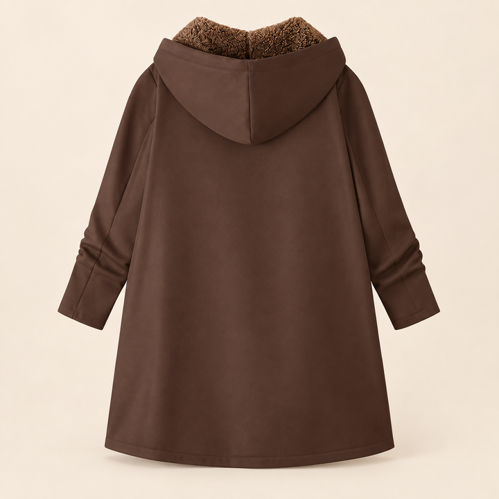Wilhelmina black hooded coat with cozy lining, front view open