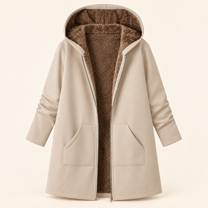 Wilhelmina black hooded coat with cozy lining, front view open