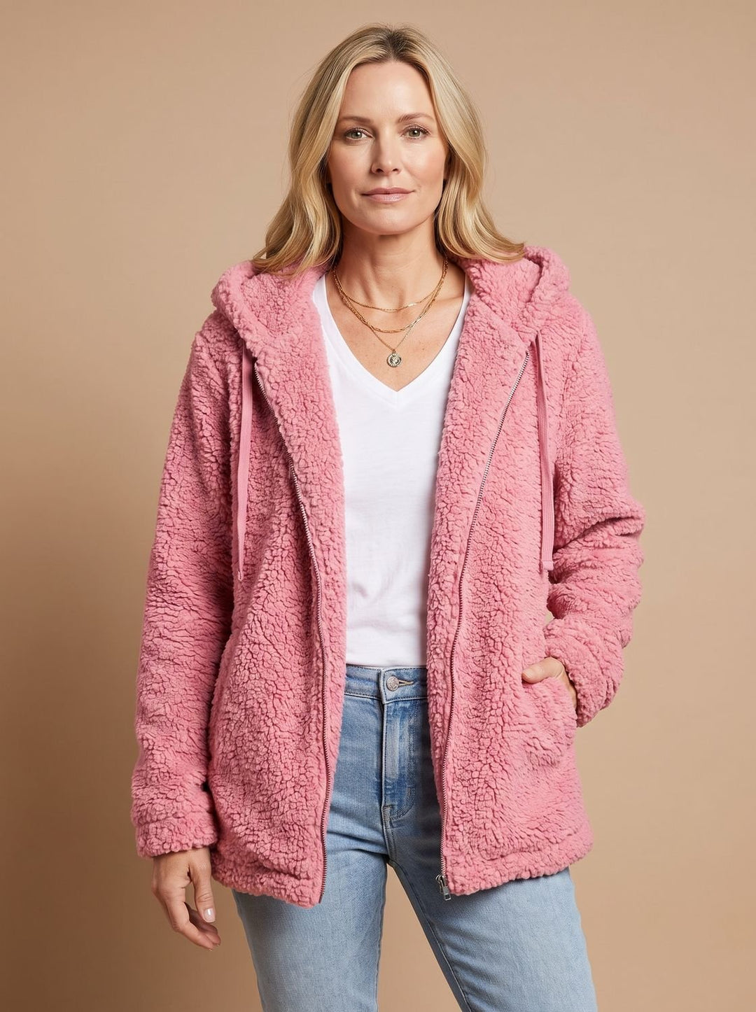 Faustina hooded teddy fleece jacket in pink, front view with hood up
