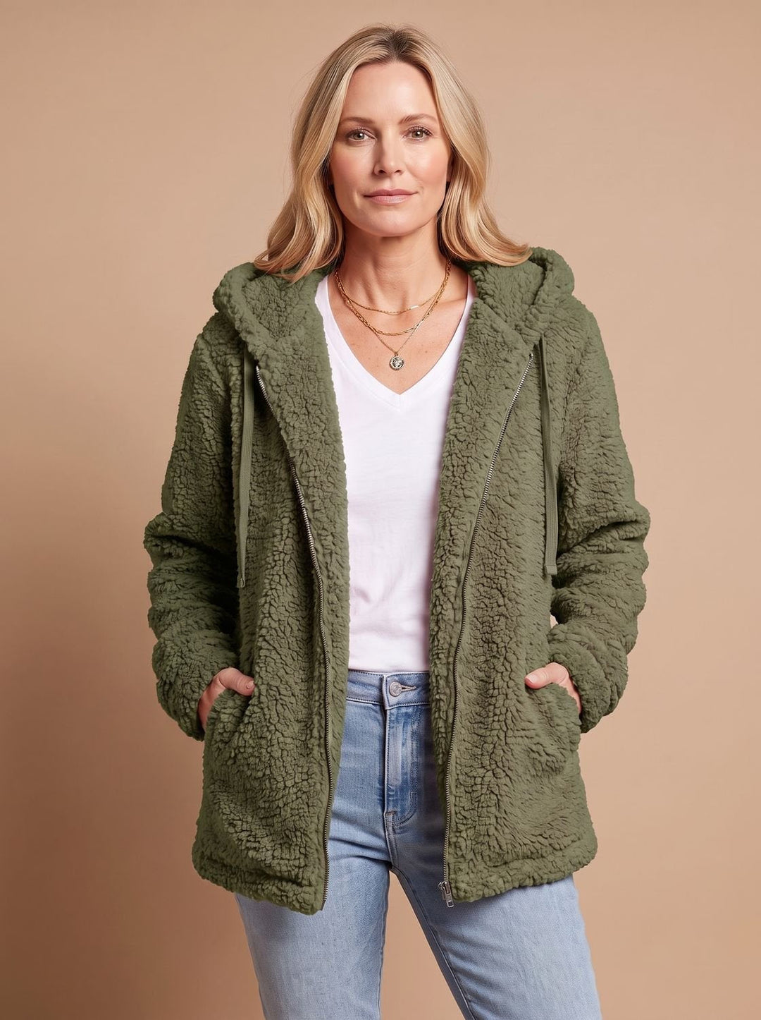 Faustina hooded teddy fleece jacket in beige, front view with hands in pockets