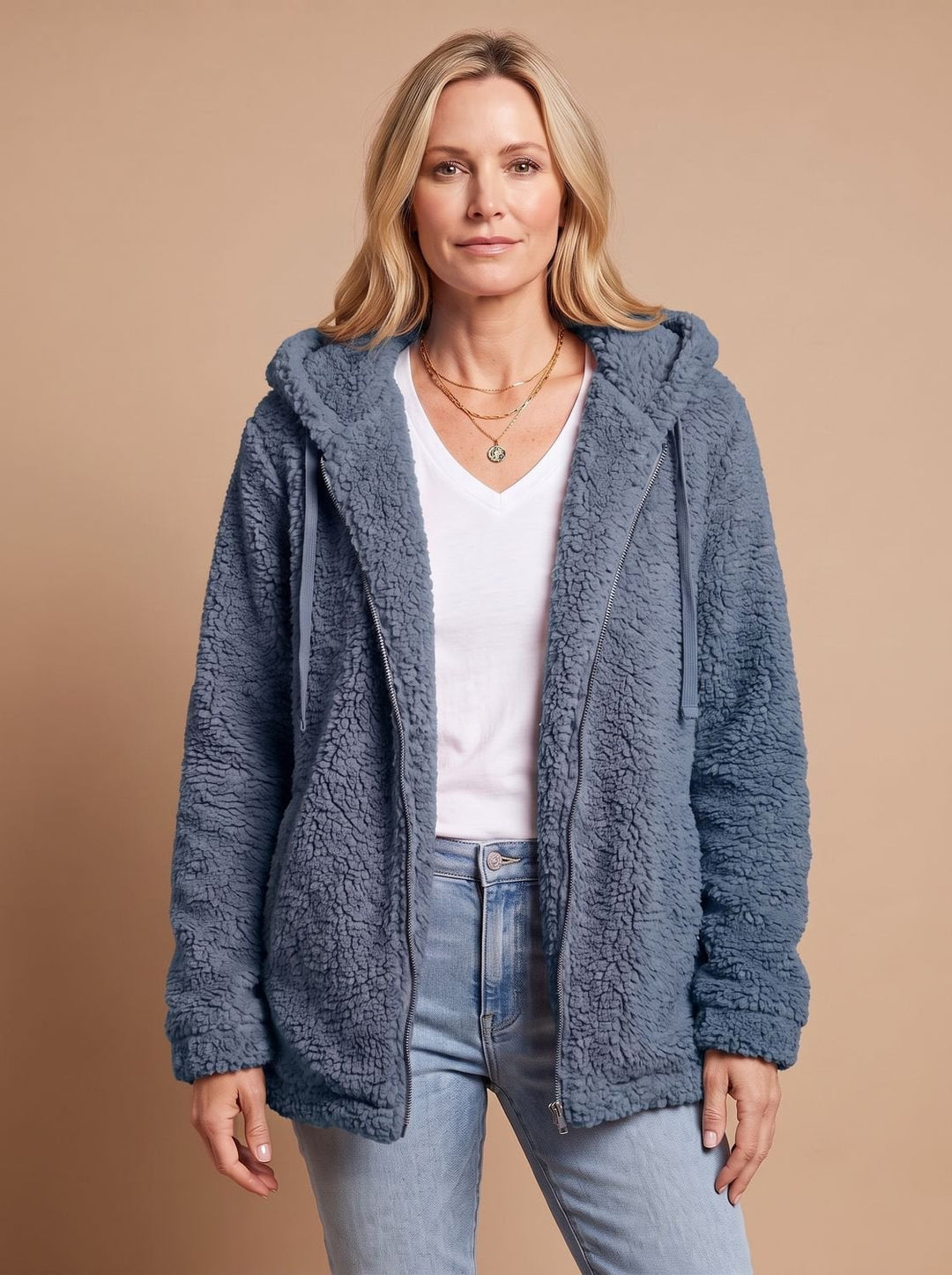 Faustina hooded teddy fleece jacket in beige, front view with hands in pockets