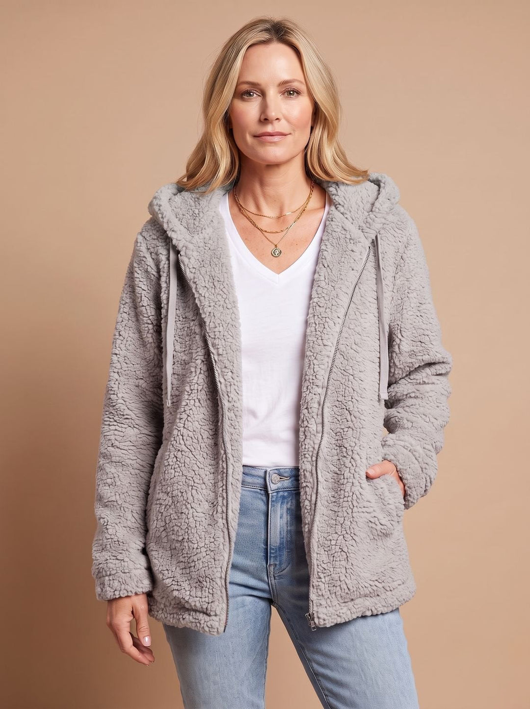 Faustina hooded teddy fleece jacket in beige, front view with hands in pockets