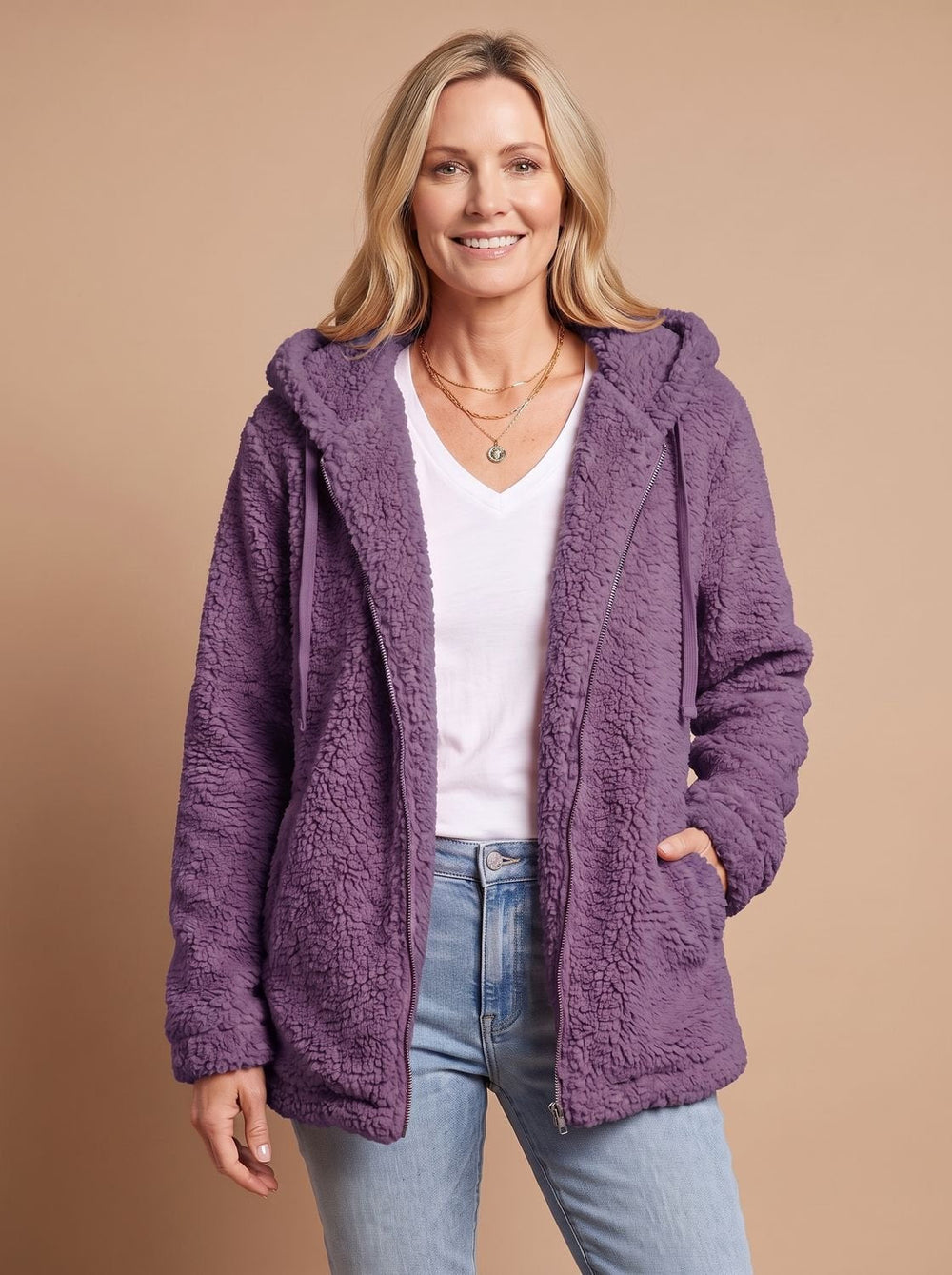 Faustina hooded teddy fleece jacket in purple, open front view
