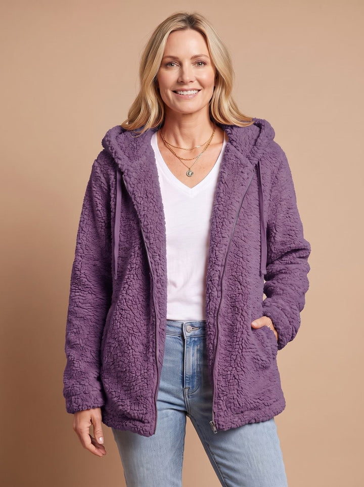 Faustina hooded teddy fleece jacket in purple, open front view