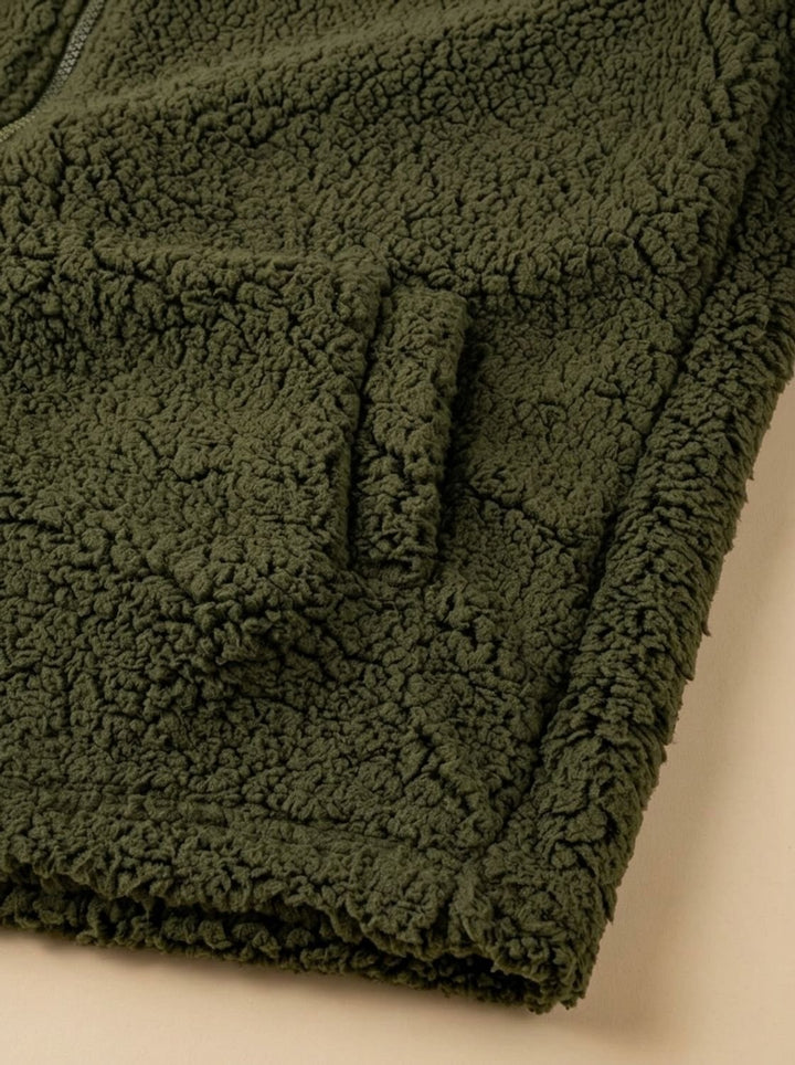 Faustina hooded teddy fleece jacket in beige, front view with hands in pockets