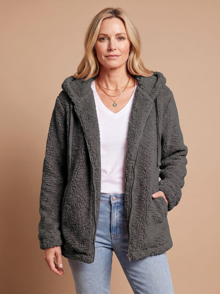 Faustina hooded teddy fleece jacket in charcoal gray, front view