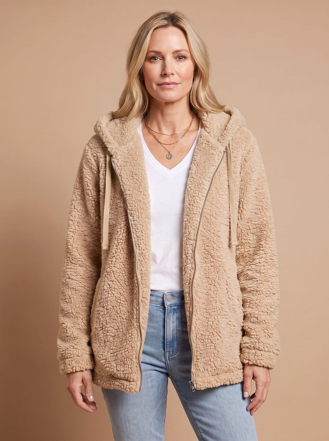 Faustina hooded teddy fleece jacket in beige, front view with hands in pockets