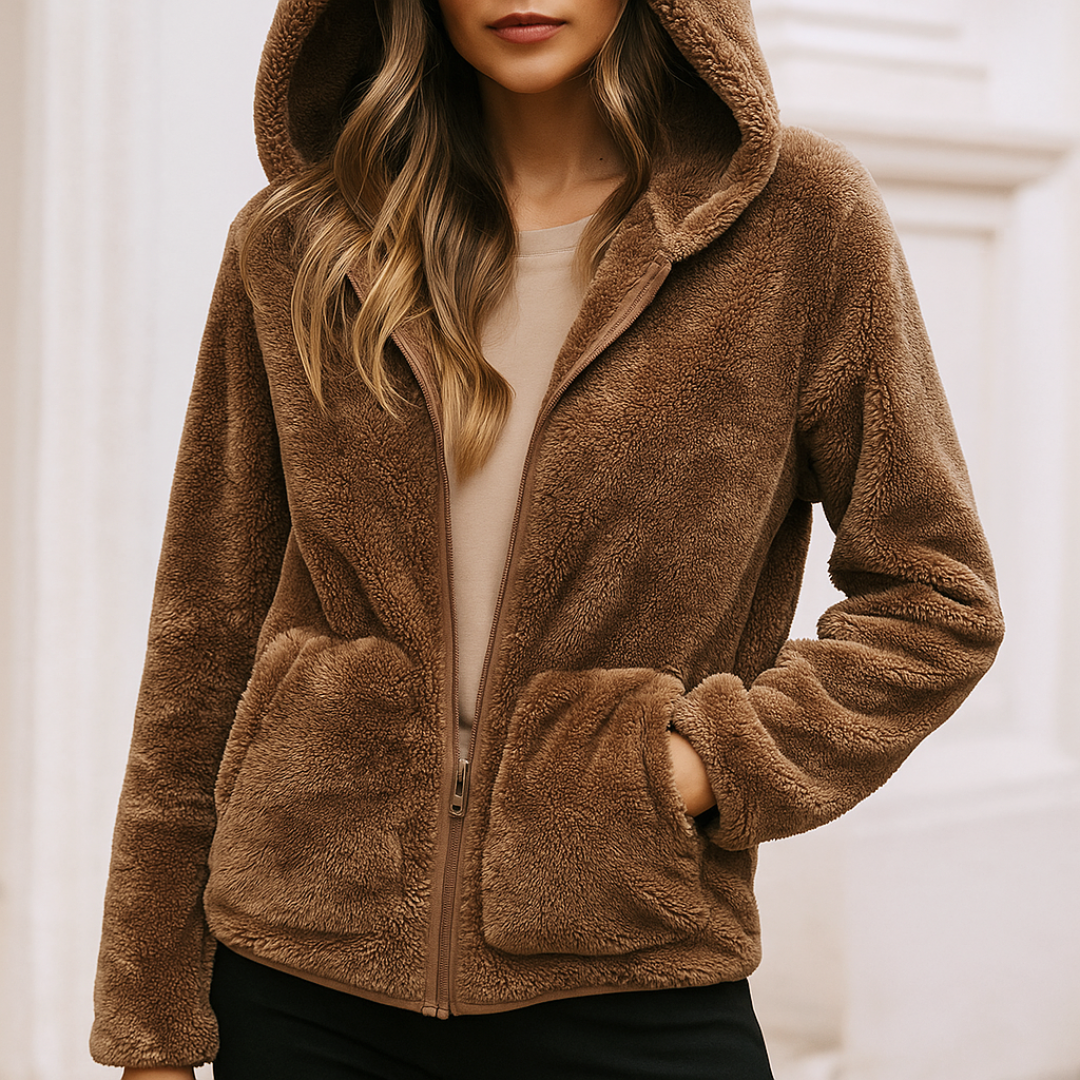 Thessaly hooded teddy fleece jacket, front view with hood up