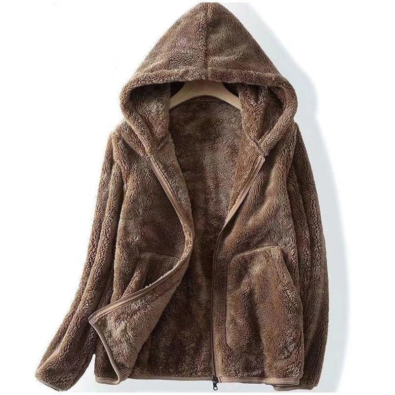 Thessaly hooded teddy fleece jacket in brown, open front view