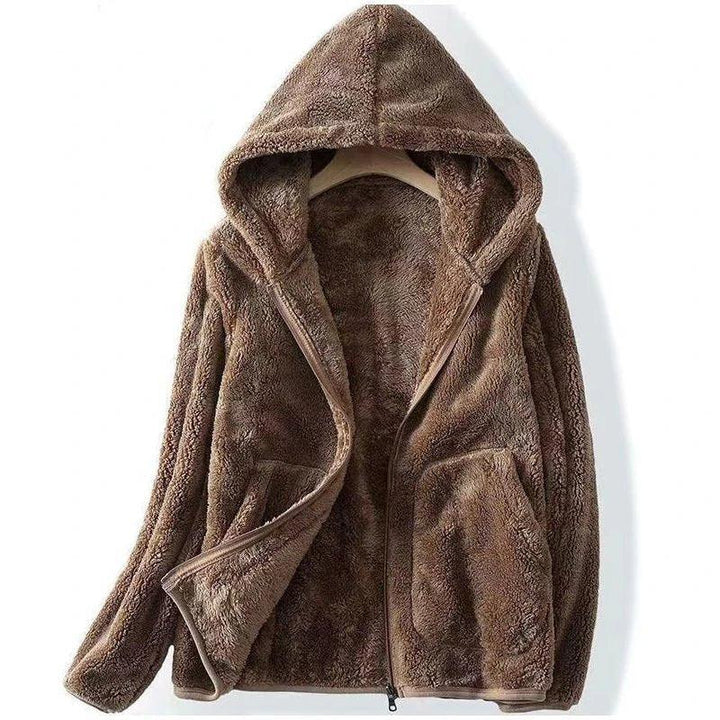 Thessaly hooded teddy fleece jacket in brown, open front view