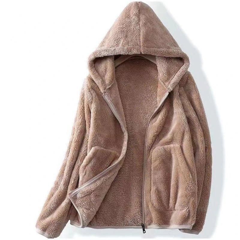 Thessaly hooded teddy fleece jacket in taupe, open front view