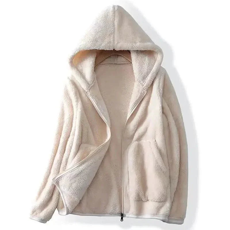 Thessaly hooded teddy fleece jacket in cream, open front view