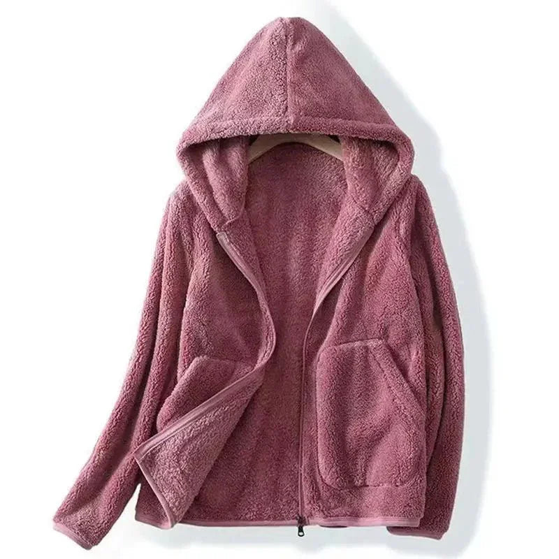 Thessaly hooded teddy fleece jacket in cream, open front view