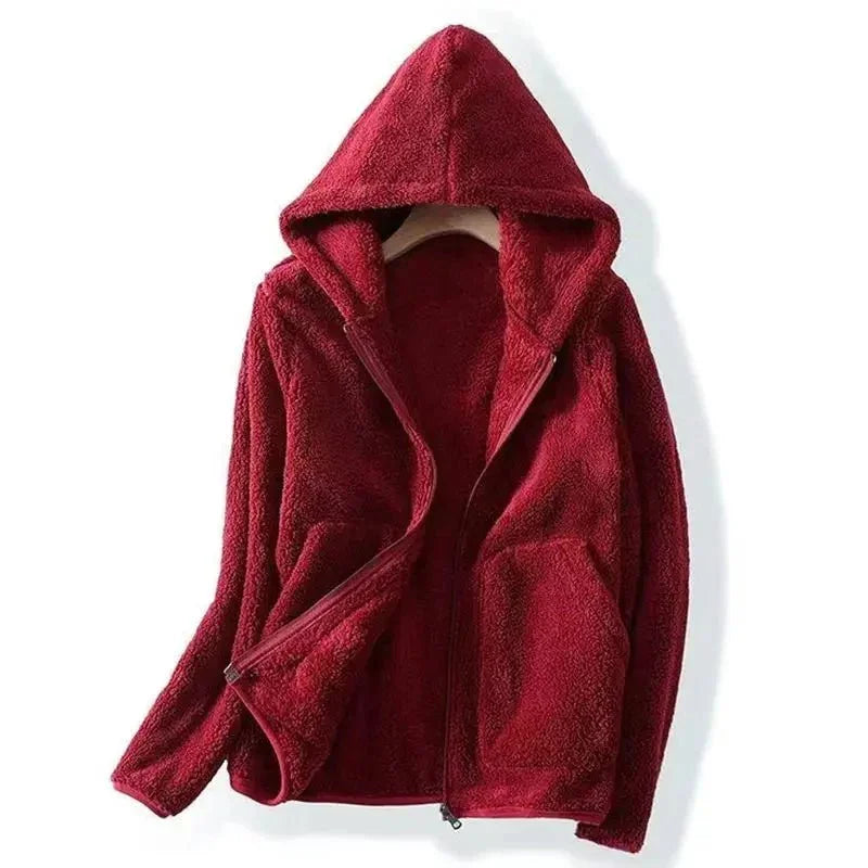 Thessaly hooded teddy fleece jacket in cream, open front view