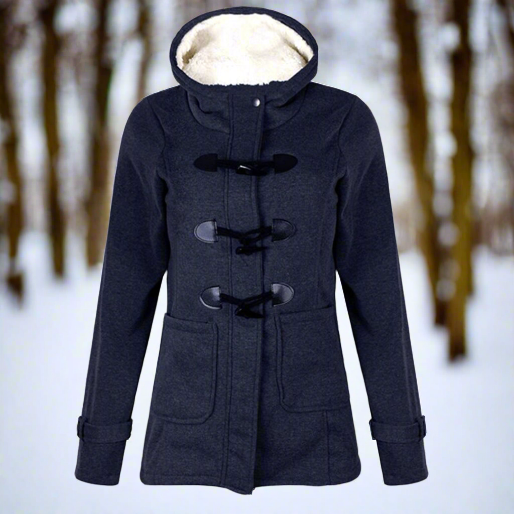 Marisabel hooded winter jacket in dark gray, front view with toggle closures