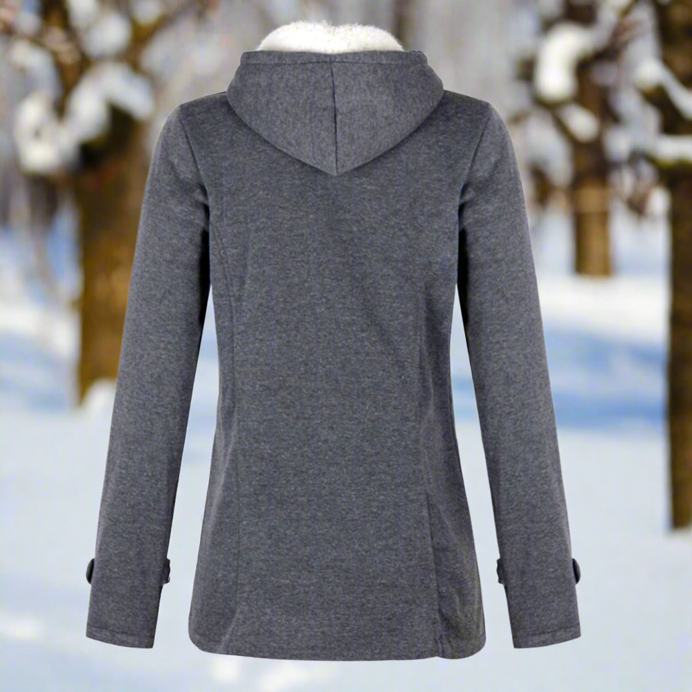 Marisabel hooded winter jacket, back view showing hood and silhouette