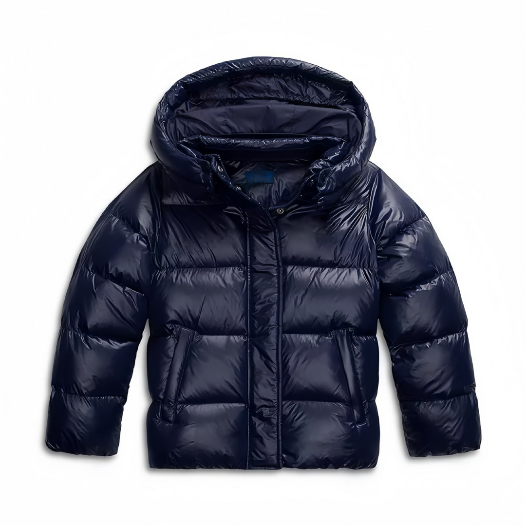 Wilhelmine hooded puffer jacket in navy, front view