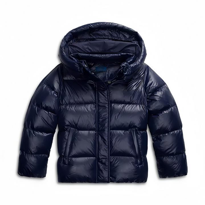 Wilhelmine hooded puffer jacket in navy, front view