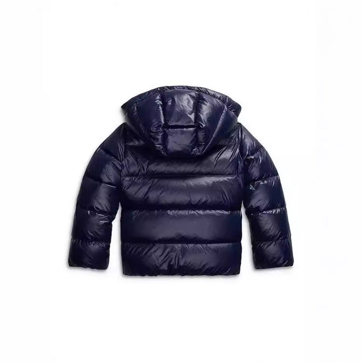 Wilhelmine hooded puffer jacket in navy, back view