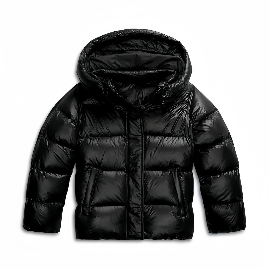 Wilhelmine hooded puffer jacket in black, front view