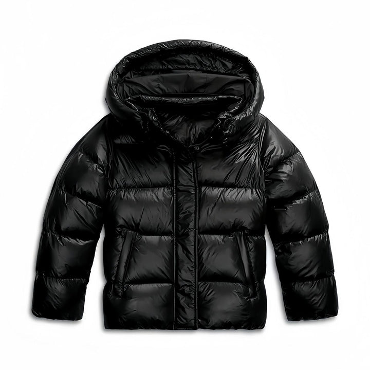 Wilhelmine hooded puffer jacket in black, front view
