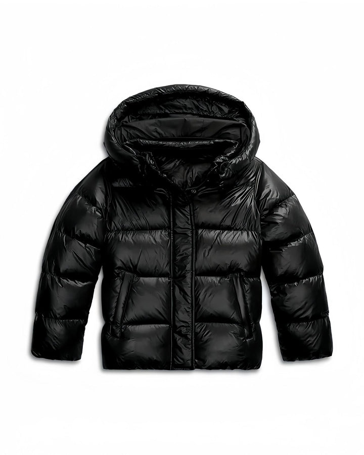 Wilhelmine hooded puffer jacket in black, front view