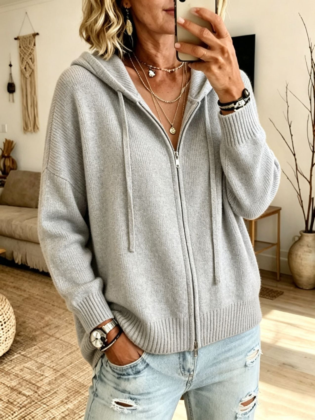 Thea black hooded zip-up chunky knit cardigan, front view