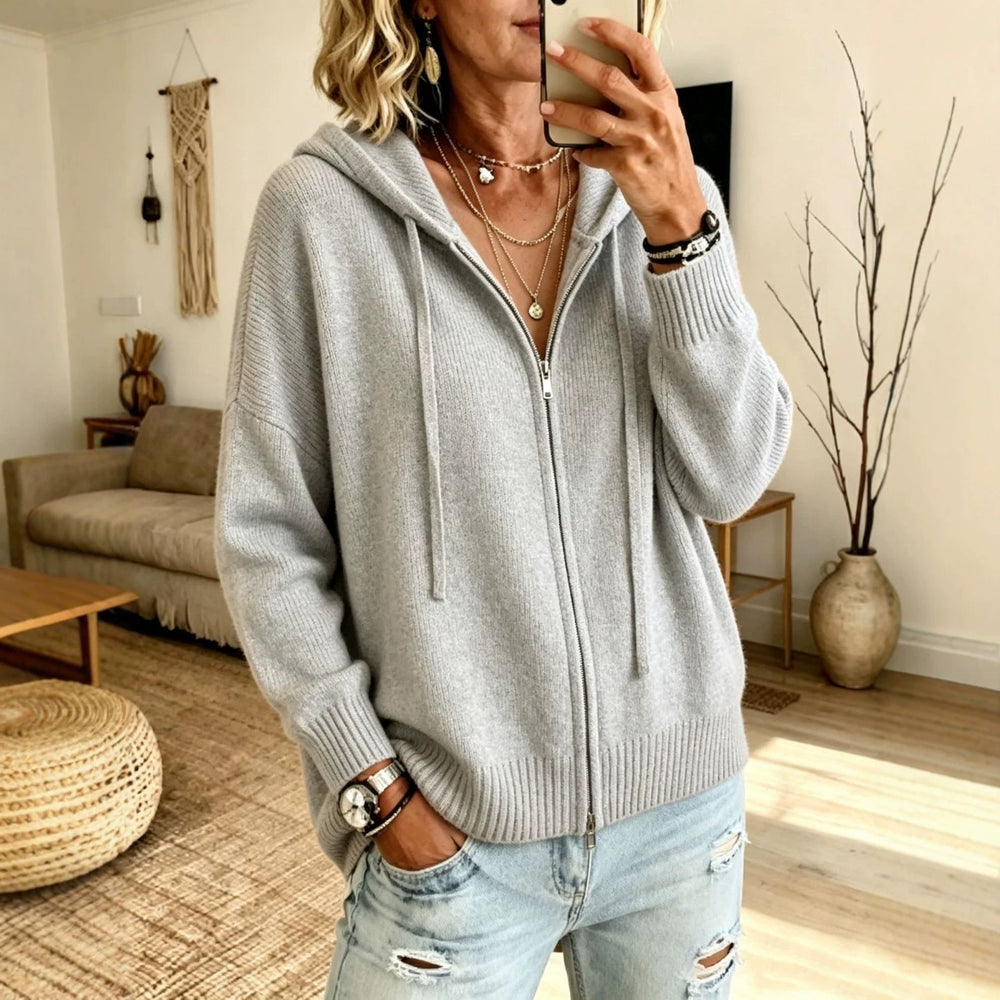 Thea grey hooded zip-up chunky knit cardigan, front view