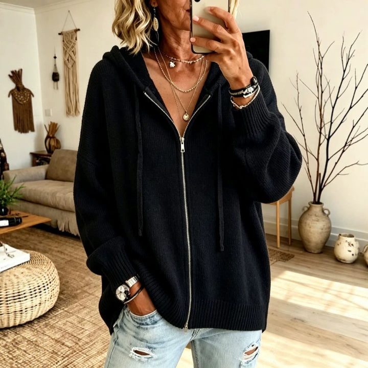 Thea black hooded zip-up chunky knit cardigan, front view