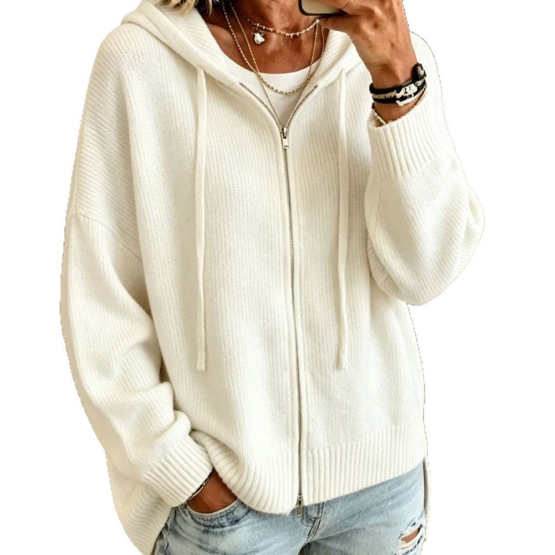 Thea black hooded zip-up chunky knit cardigan, front view