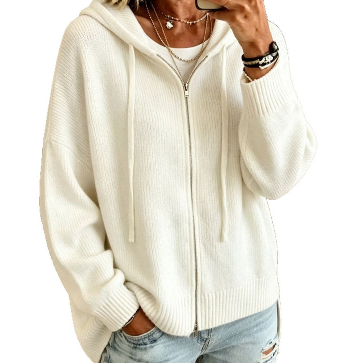 Thea black hooded zip-up chunky knit cardigan, front view