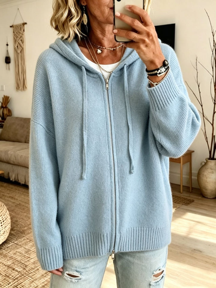Thea black hooded zip-up chunky knit cardigan, front view