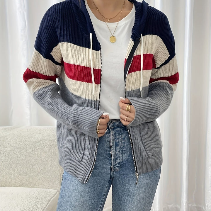 Faelyn striped hooded zip-up cardigan, close-up front view with drawstring hood