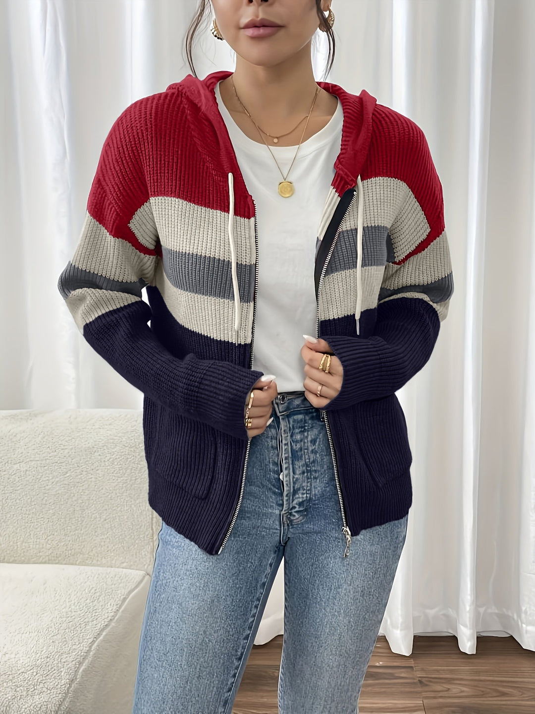 Faelyn color-block hooded cardigan, side angle with handbag