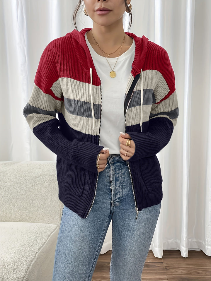 Faelyn color-block hooded cardigan, side angle with handbag