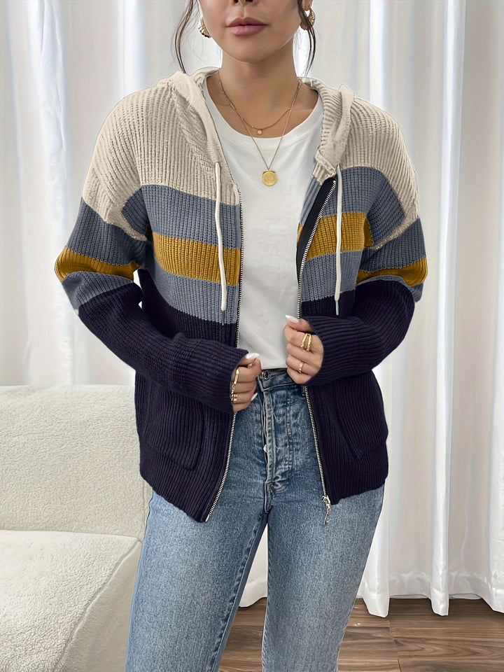 Faelyn color-block hooded cardigan, side angle with handbag