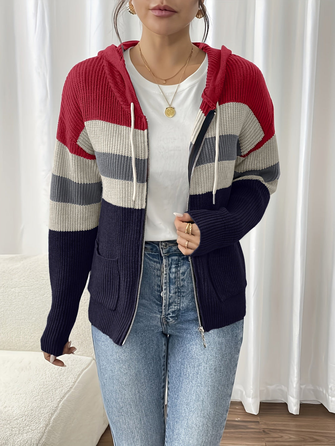 Faelyn color-block hooded cardigan, side angle with handbag