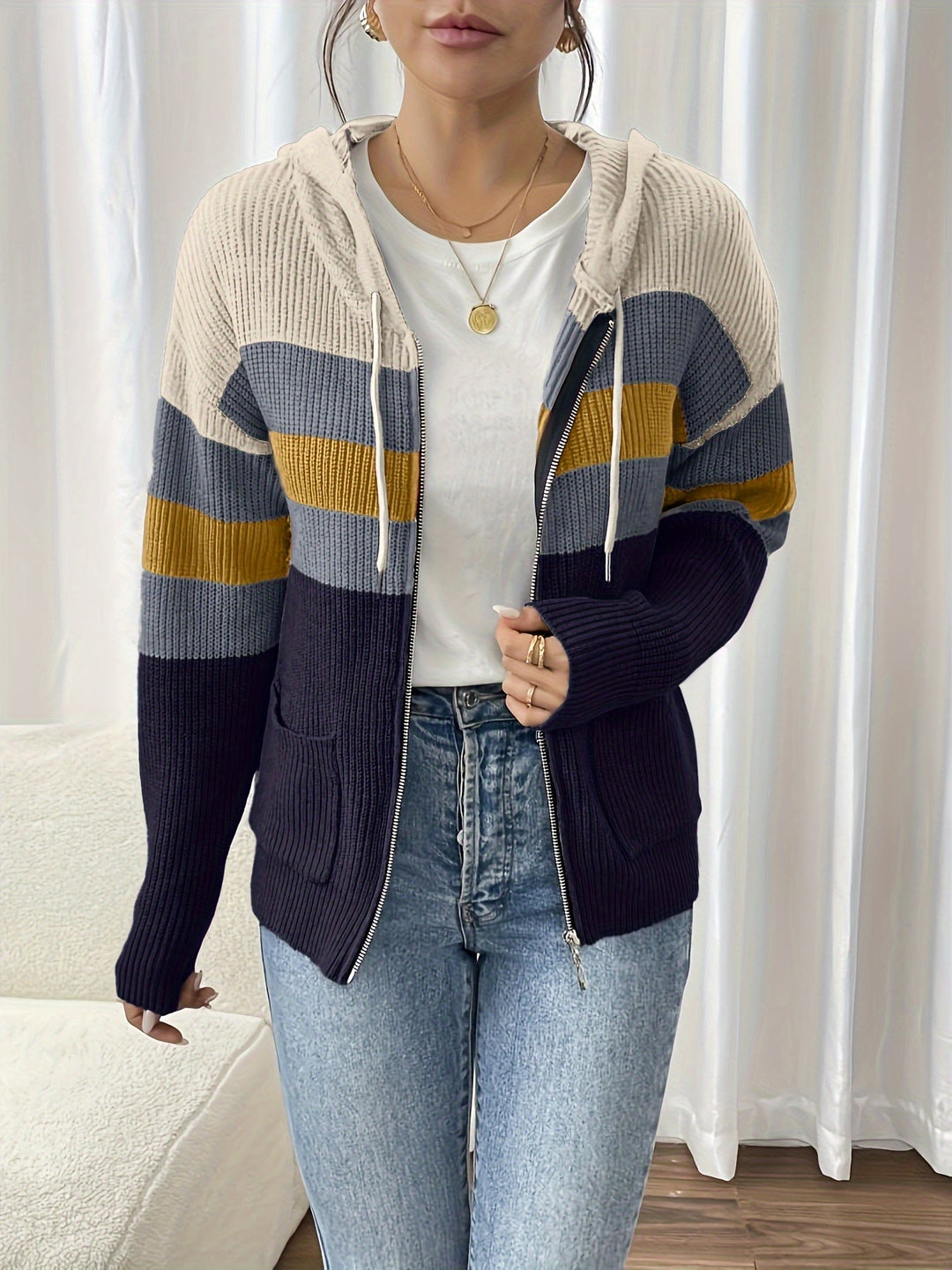 Faelyn color-block hooded cardigan, side angle with handbag