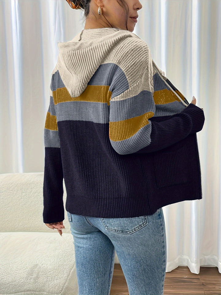 Faelyn color-block hooded cardigan, side angle with handbag