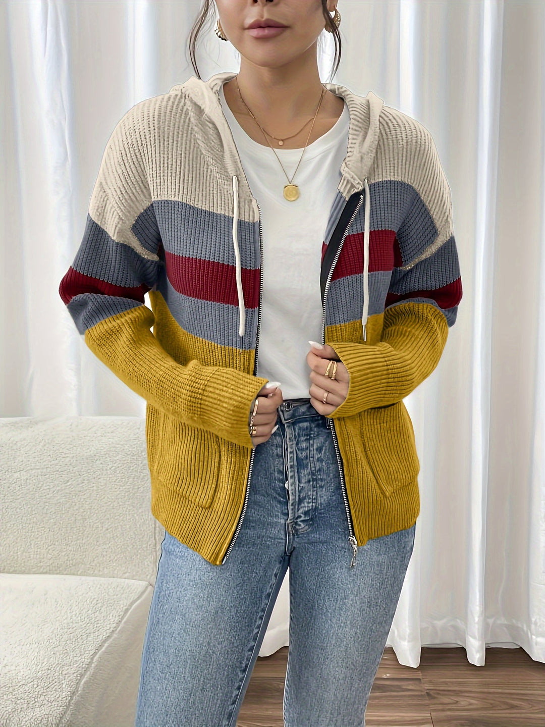 Faelyn color-block hooded cardigan, side angle with handbag