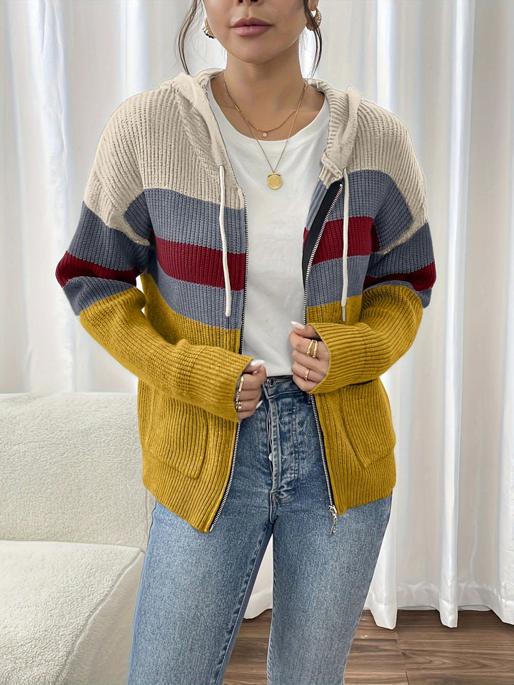 Faelyn color-block hooded cardigan, side angle with handbag