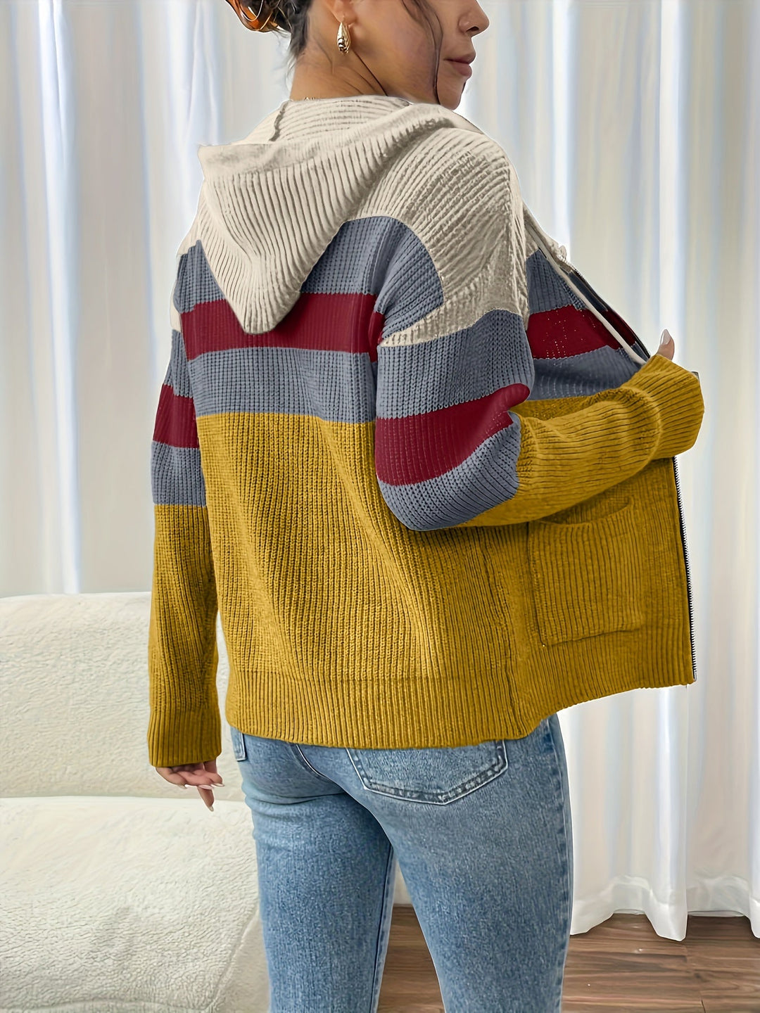 Faelyn color-block hooded cardigan, side angle with handbag