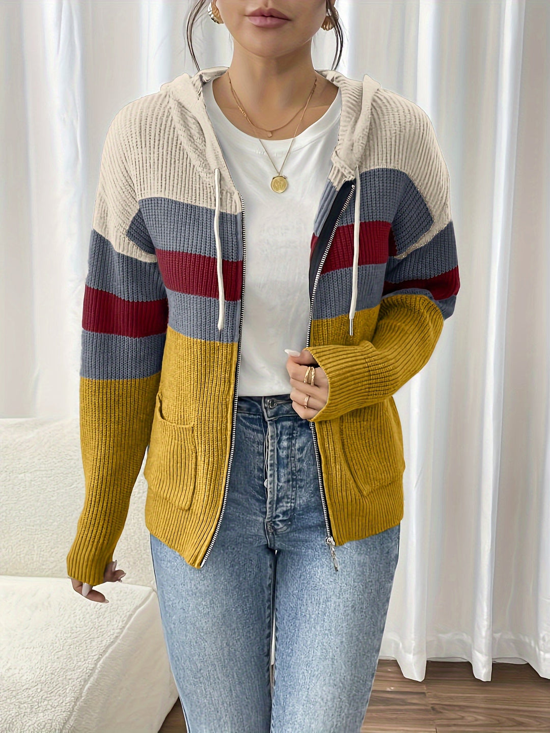 Faelyn color-block hooded cardigan, side angle with handbag
