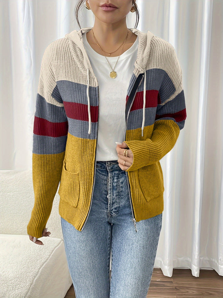 Faelyn color-block hooded cardigan, side angle with handbag